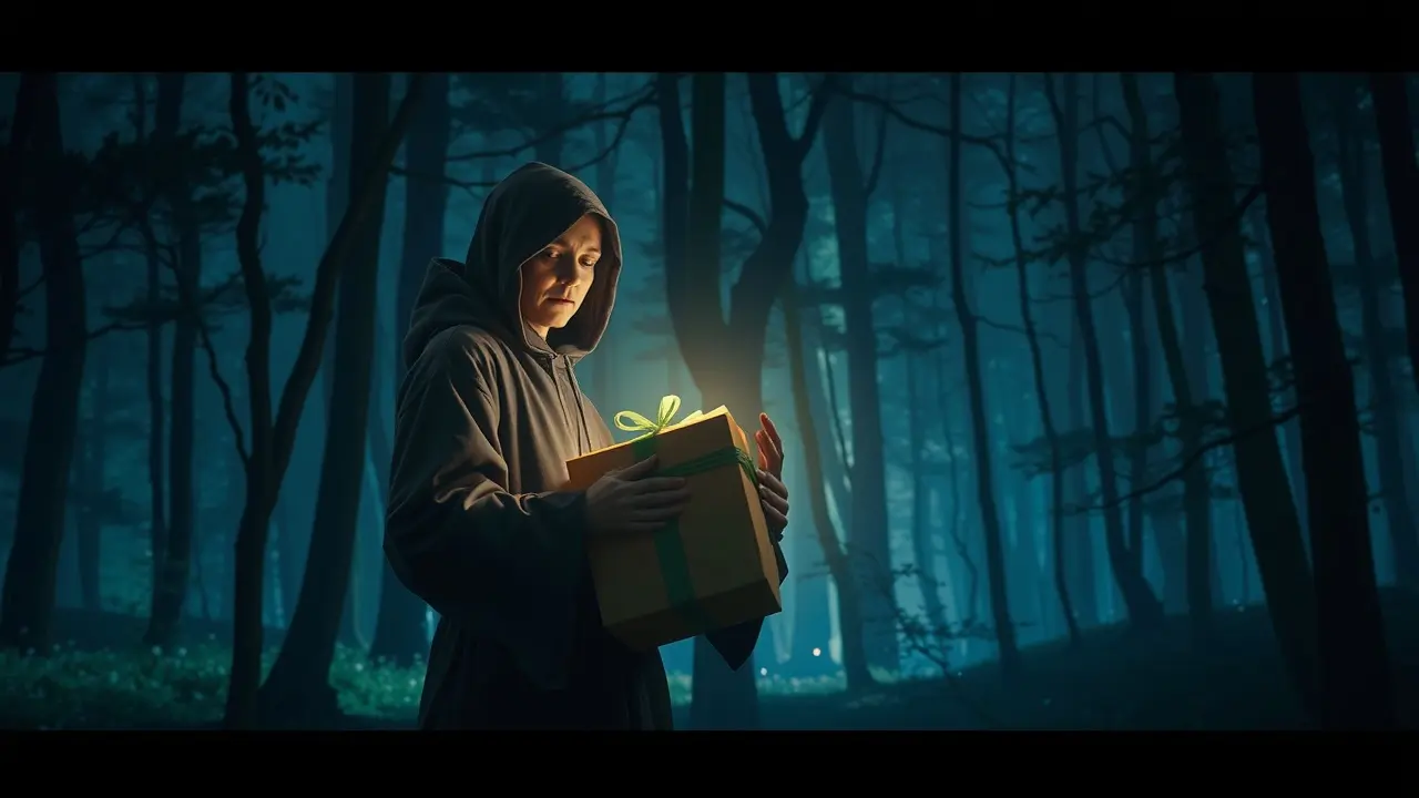 Mulher recebendo pacote brilhante em sonho.