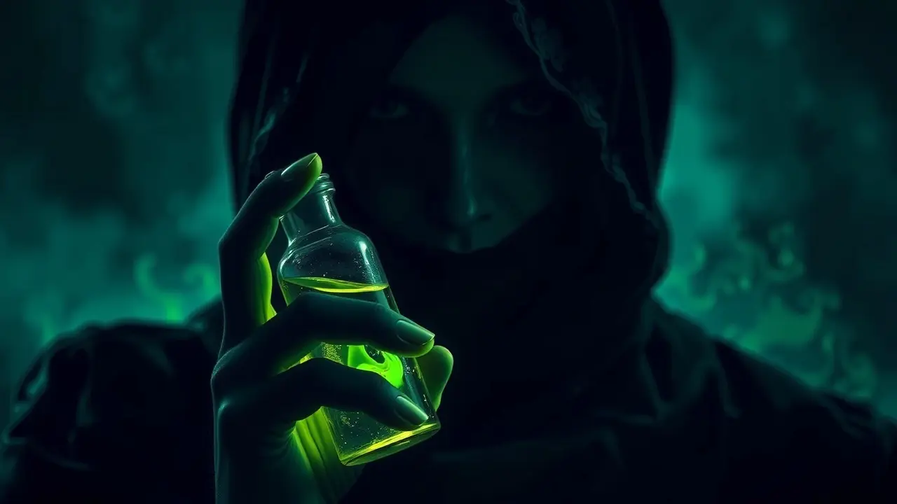 Mulher sombria com veneno, simbolizando traição.