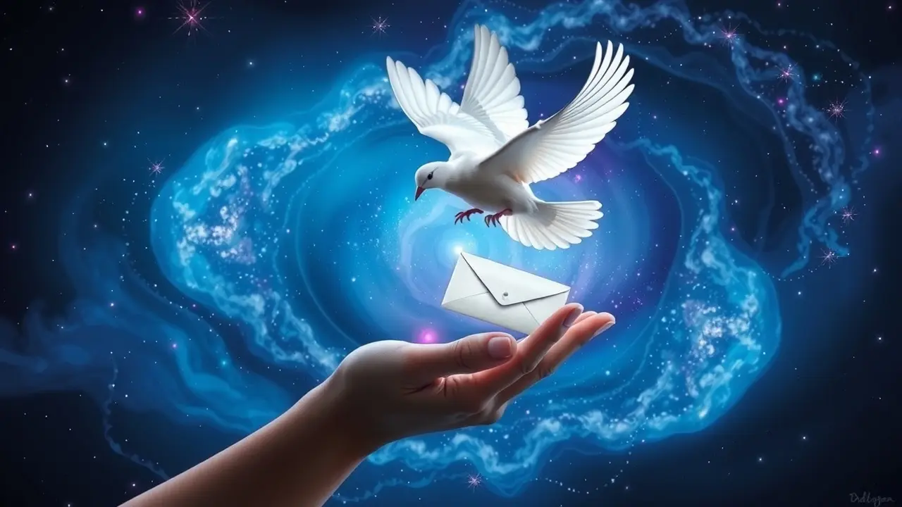 Sonho com envio: pomba cósmica com carta.