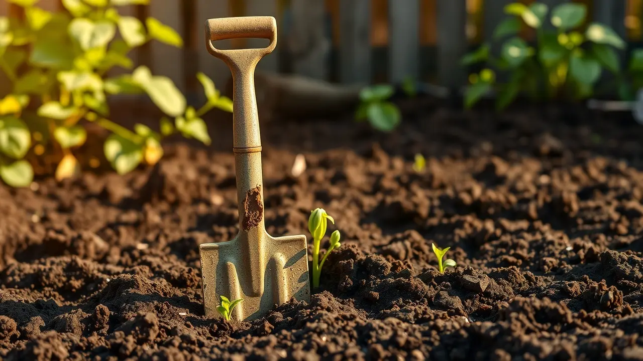 Enxada no jardim recém-arado.
