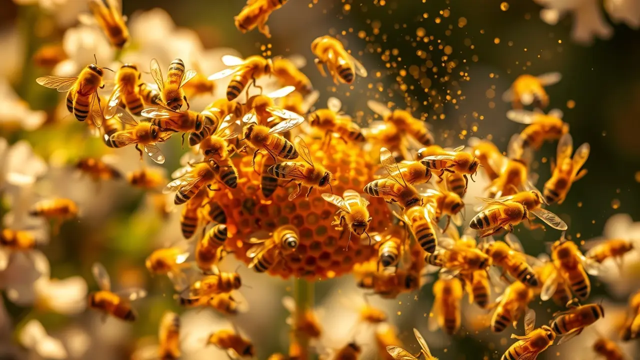 Enxame de abelhas em voo, luz dourada.