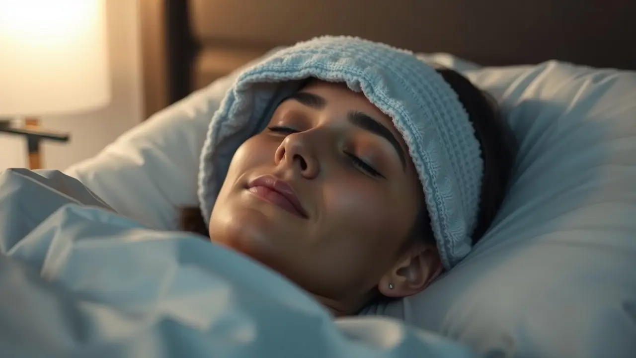 Pessoa com compressa fria na testa, aliviando enxaqueca.