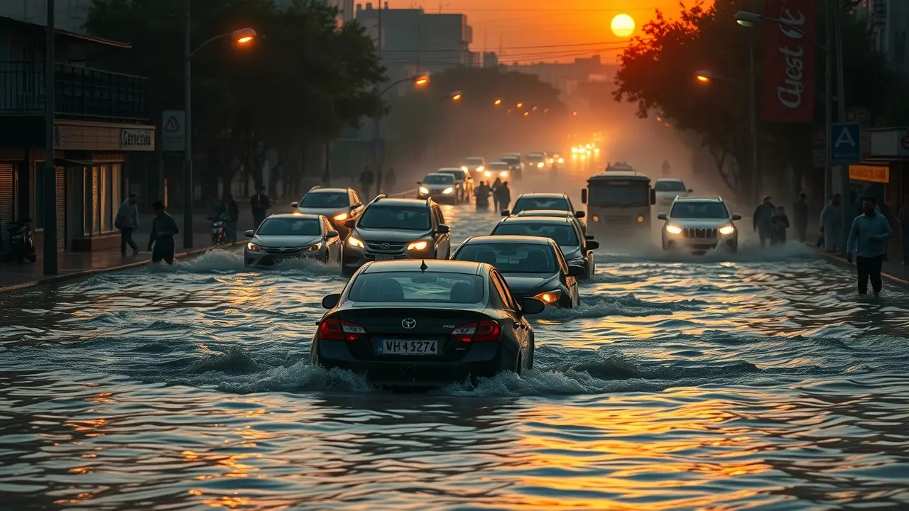 Enxurrada devastando rua da cidade