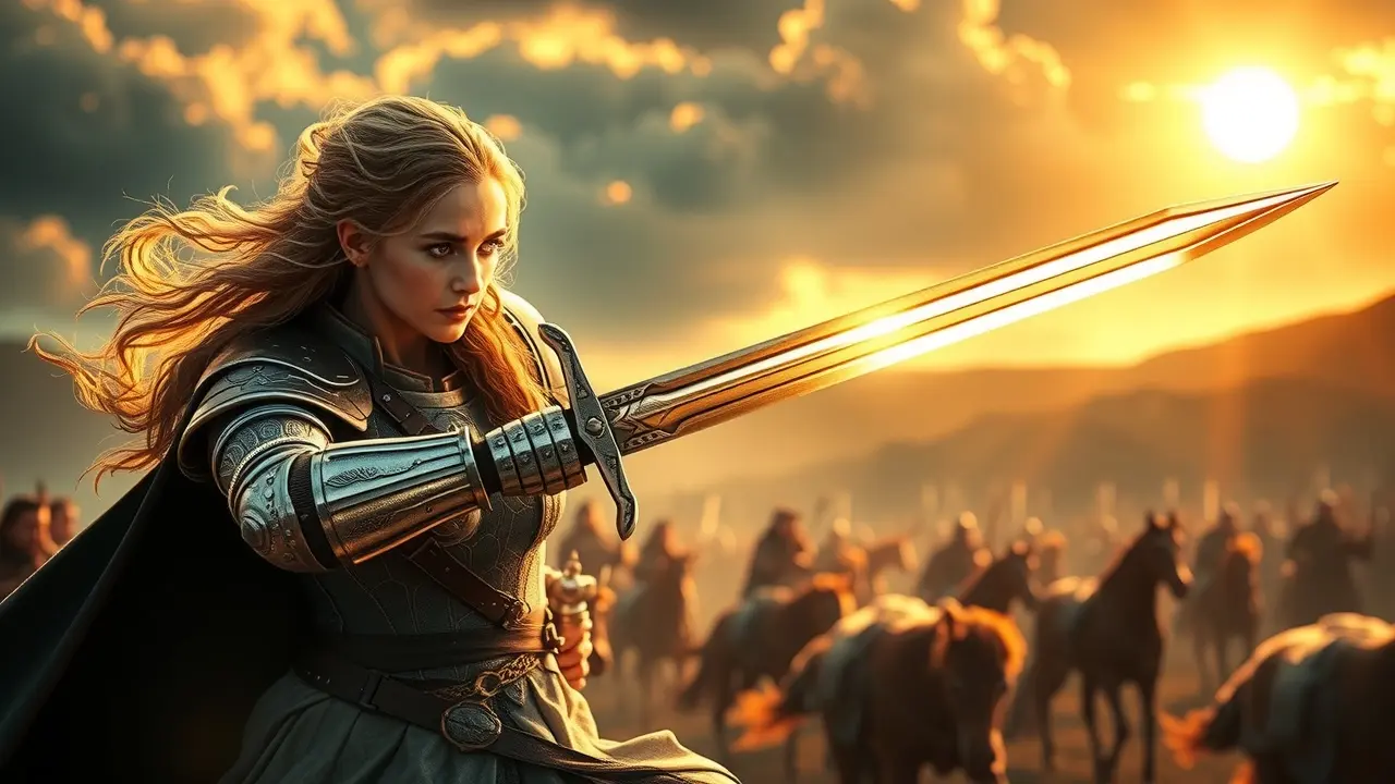 Sonhar com Éowyn: Desvende os Significados Ocultos Éowyn com espada no campo de batalha
