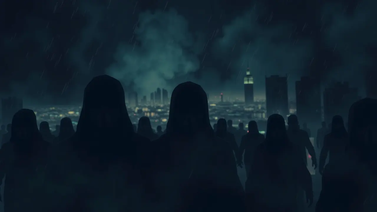 Pessoas de máscara em cidade caótica, sonho com epidemia.