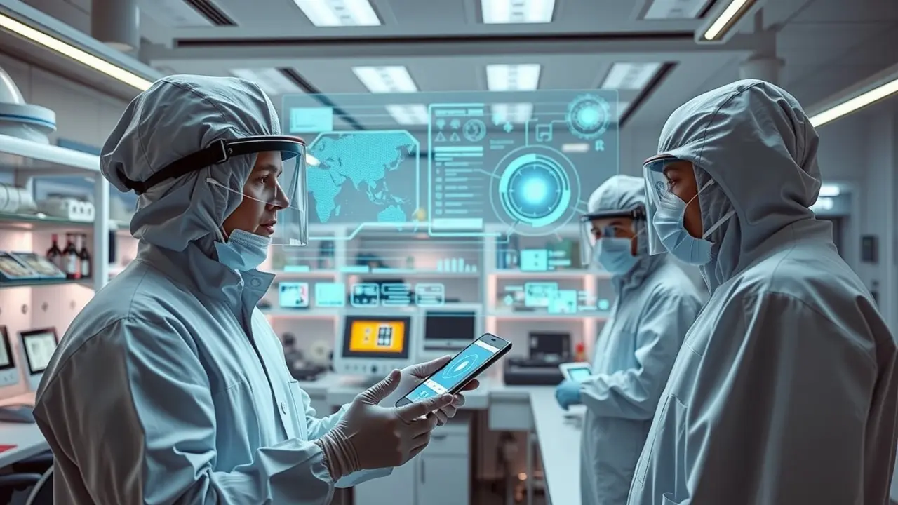 Laboratório de epidemiologia moderno com cientistas analisando dados.