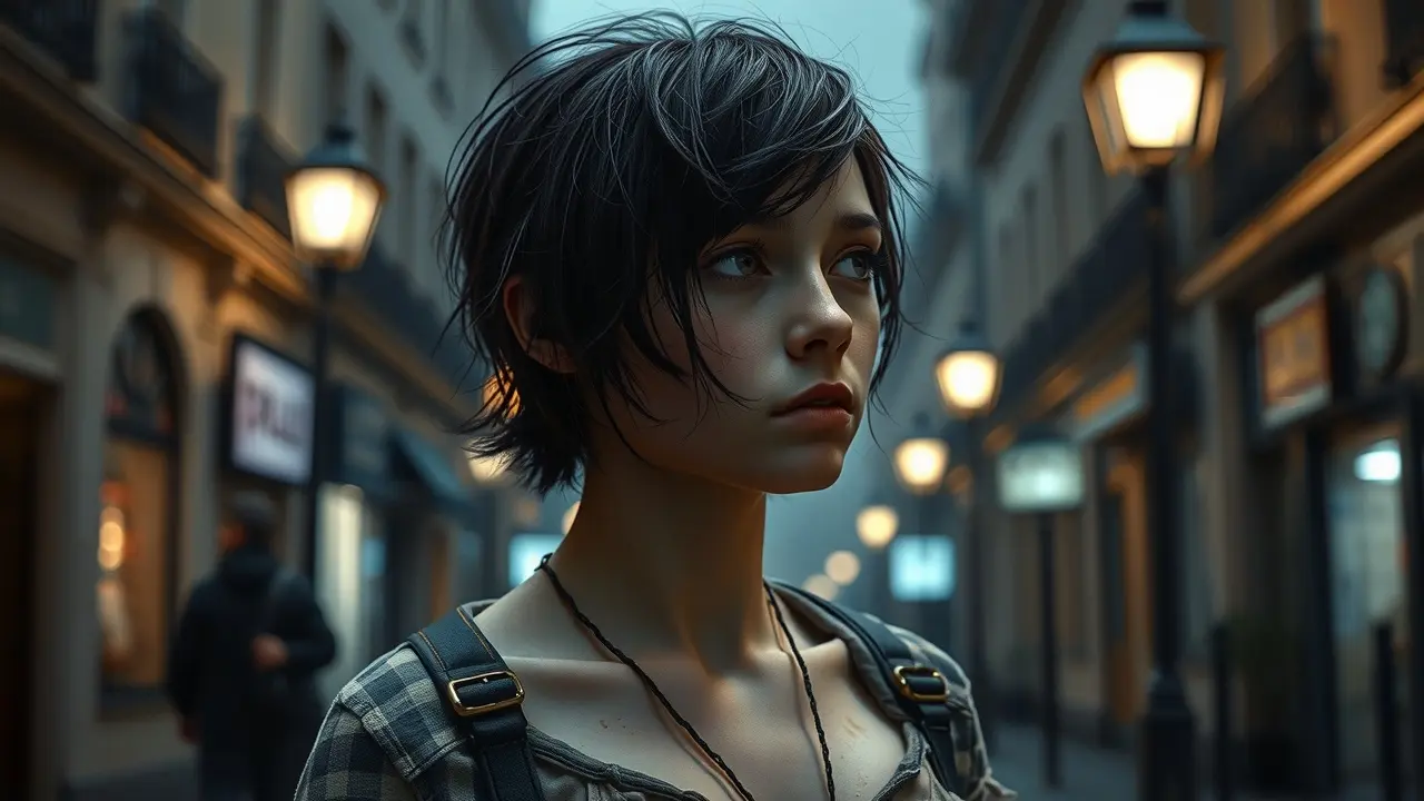 Sonhar com Éponine: Desvende os Mistérios e Significados! Jovem caracterizada como Éponine em rua parisiense chuvosa