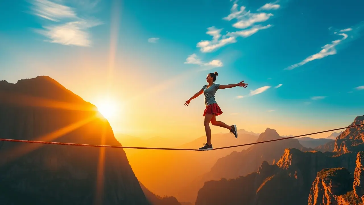 Pessoa se equilibrando em corda bamba ao pôr do sol