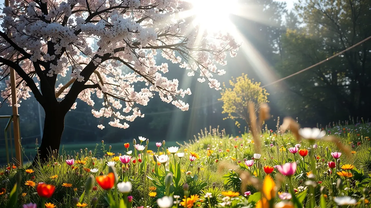 Sonhar com Equinócio de Primavera: Descubra o Significado Oculto Cena onírica do equinócio de primavera com flores e luz solar.