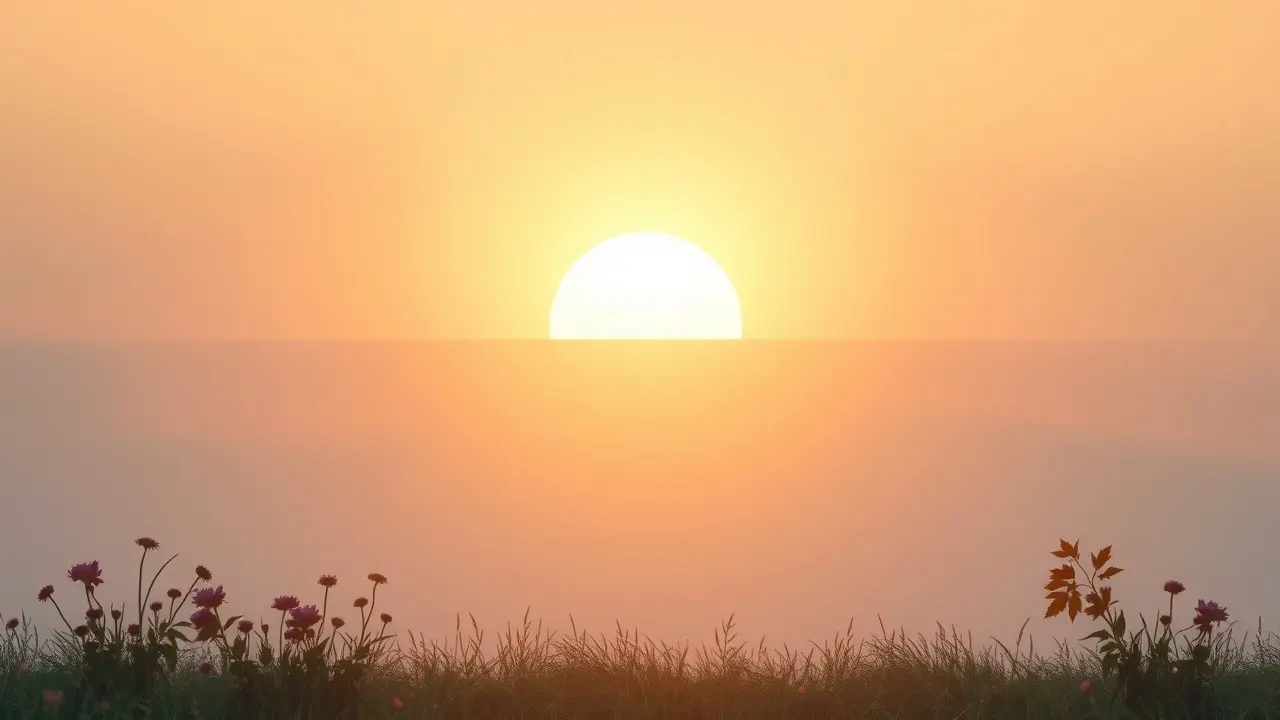 Imagem onírica de equinócio com sol no horizonte.