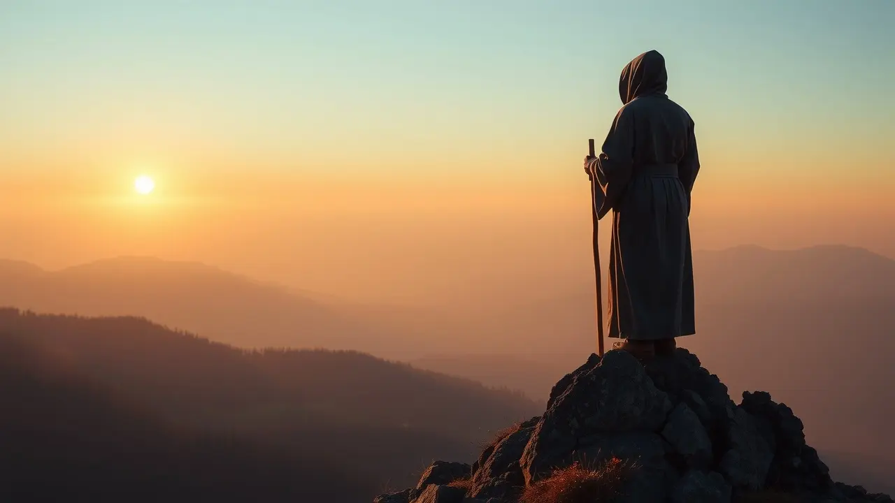 Sonhar com Eremita: Descubra o Significado e as Mensagens Ocultas Eremita contemplando o amanhecer na montanha.