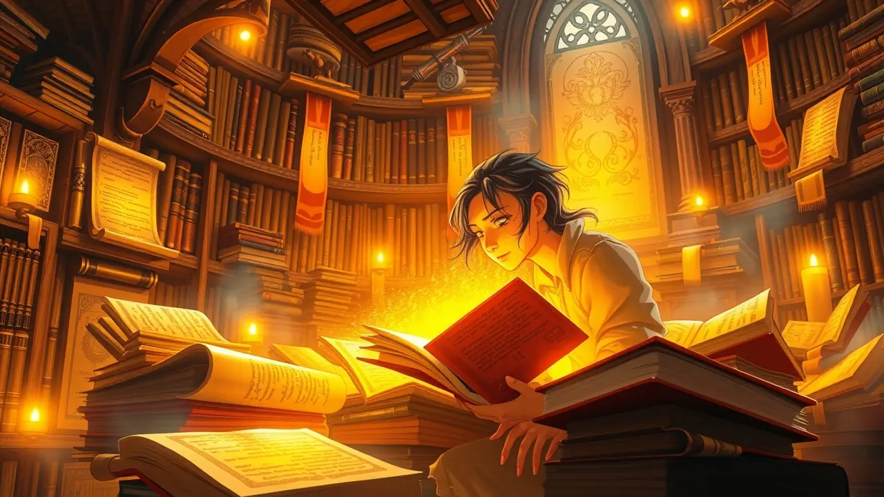 Pessoa cercada por livros brilhantes, representando erudição.