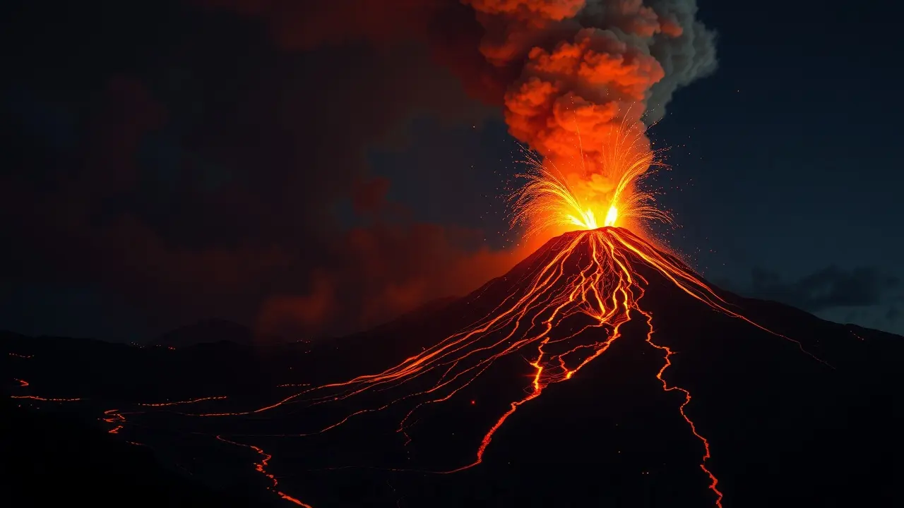 Sonhar com Erupção: Descubra os Significados e Interpretações! Erupção vulcânica dramática à noite.