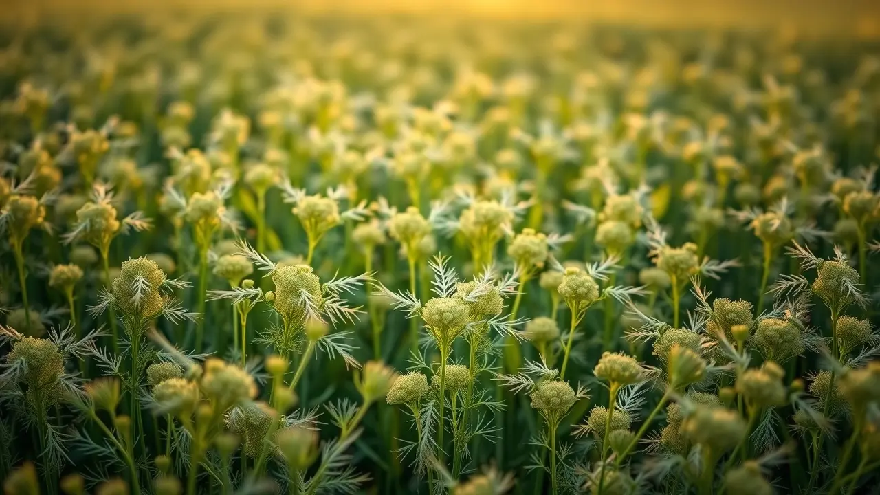 Campo verdejante de erva-doce sob luz dourada.