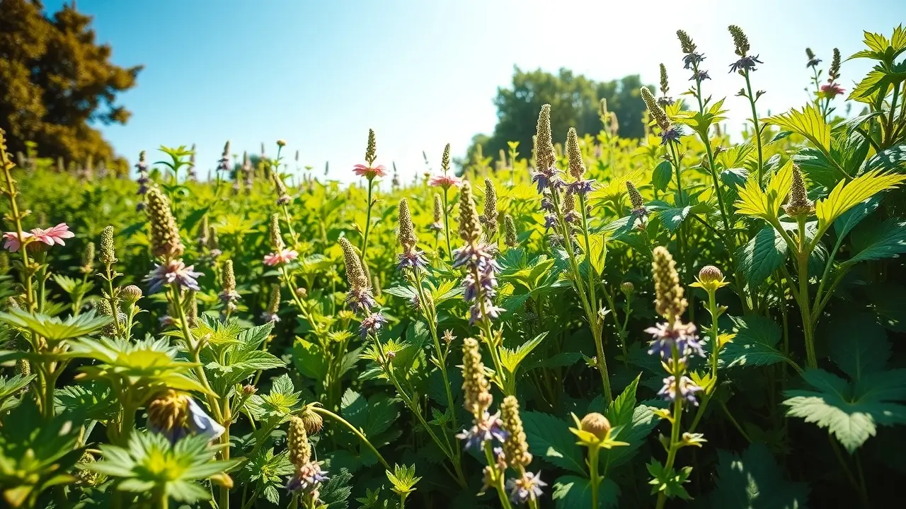 Campo verdejante com diversas ervas.