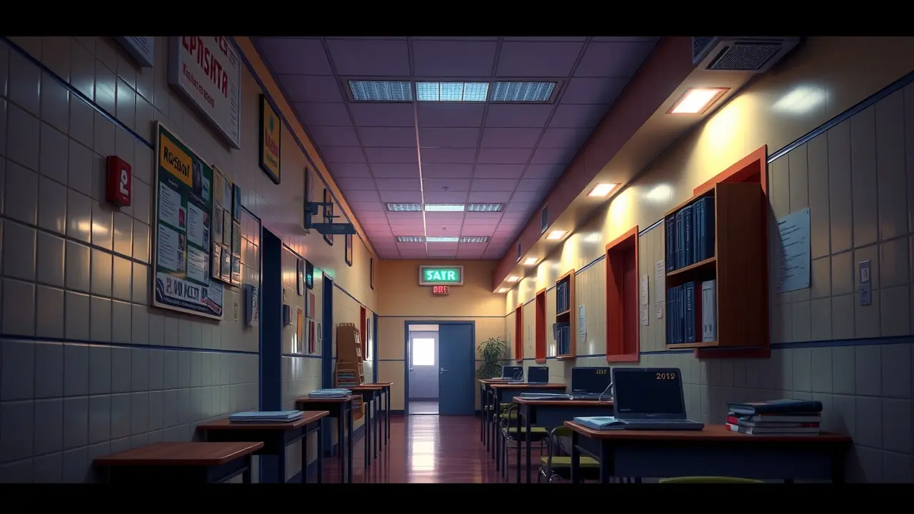 Sonhar com Escola: Descubra os Significados e Interpretações Corredor de escola ao entardecer, atmosfera reflexiva.