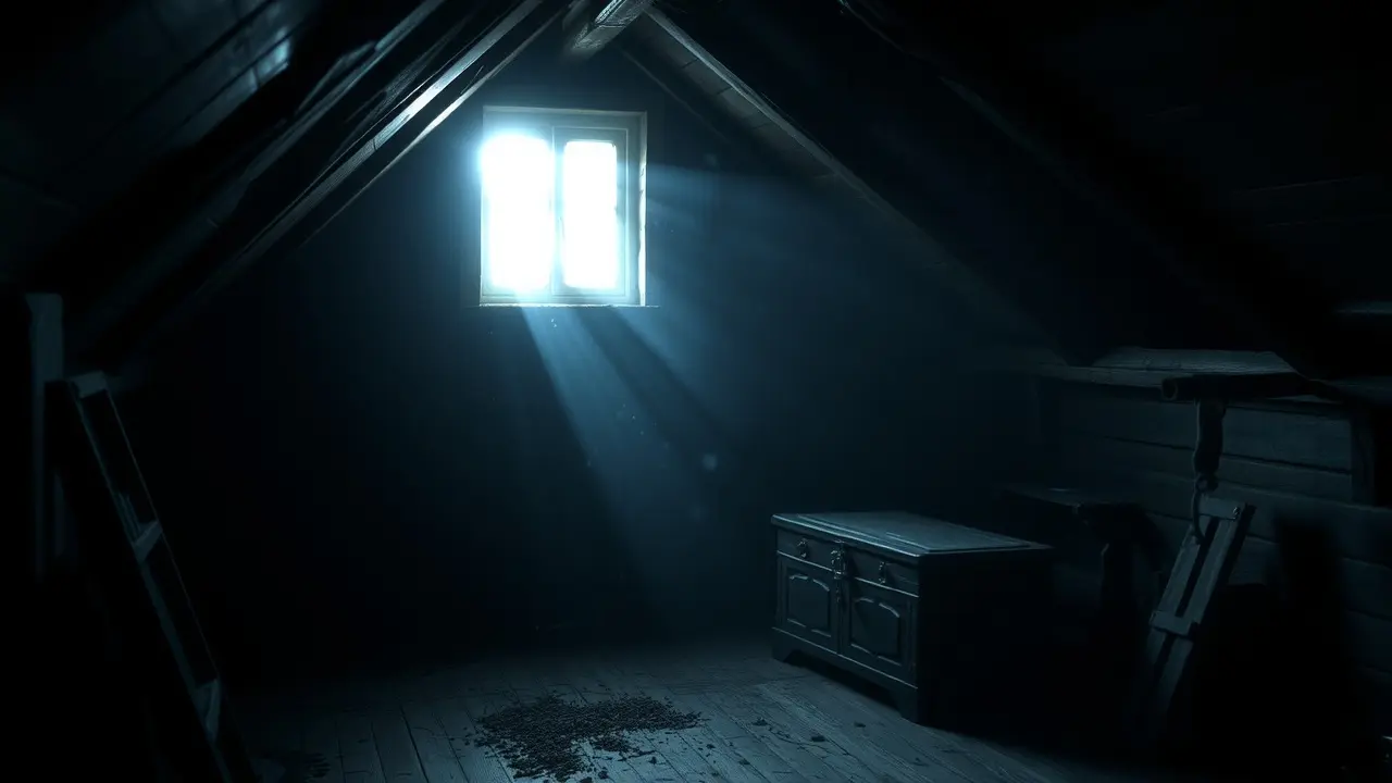 Significado de Sonhar com Esconderijo: Descubra as Mensagens Ocultas Sótão escuro com baú secreto, simbolizando um esconderijo.