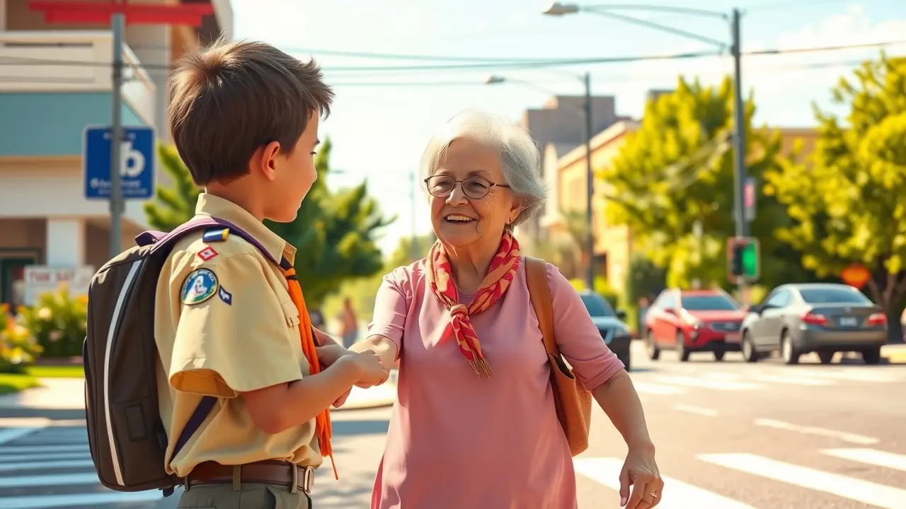 Escoteiro ajudando senhora na rua