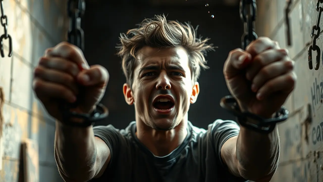 Pessoa se libertando de correntes, simbolizando libertação da opressão.