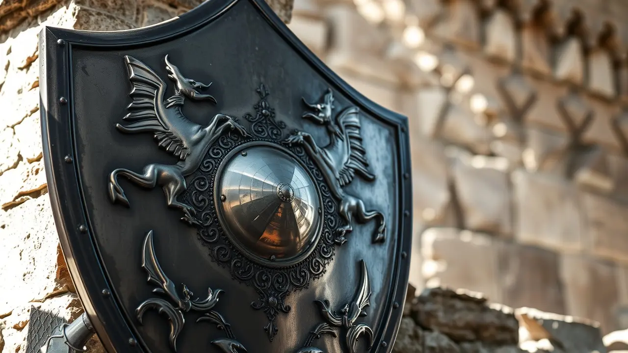 Sonhar com Escudo: Descubra o Significado e as Interpretações Escudo medieval com detalhes em pedra.