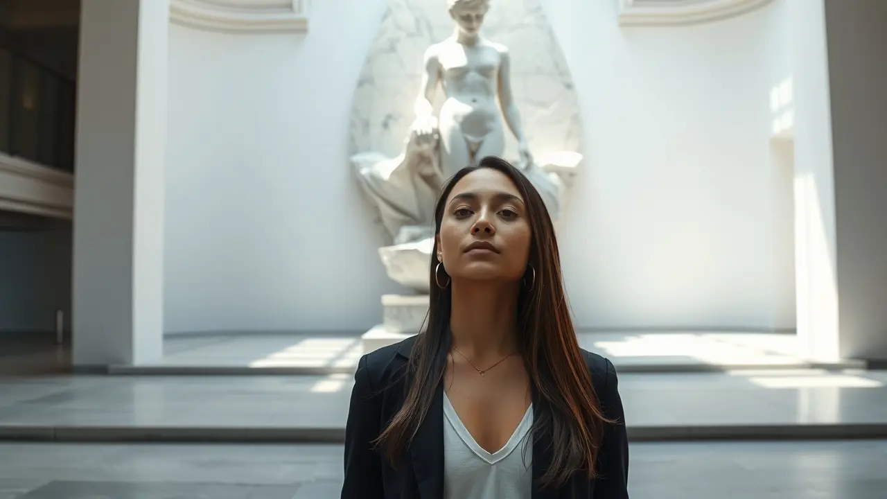 Mulher contemplando escultura de mármore em galeria de arte.