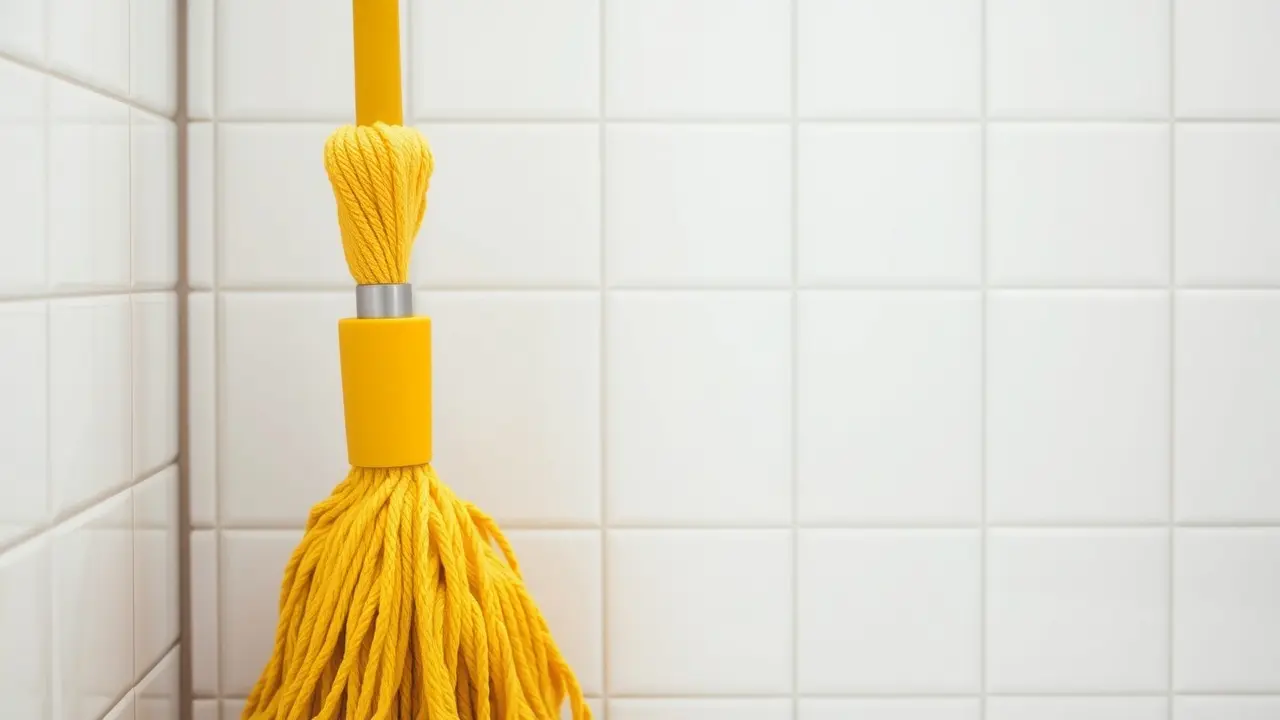 Esfregão amarelo encostado na parede