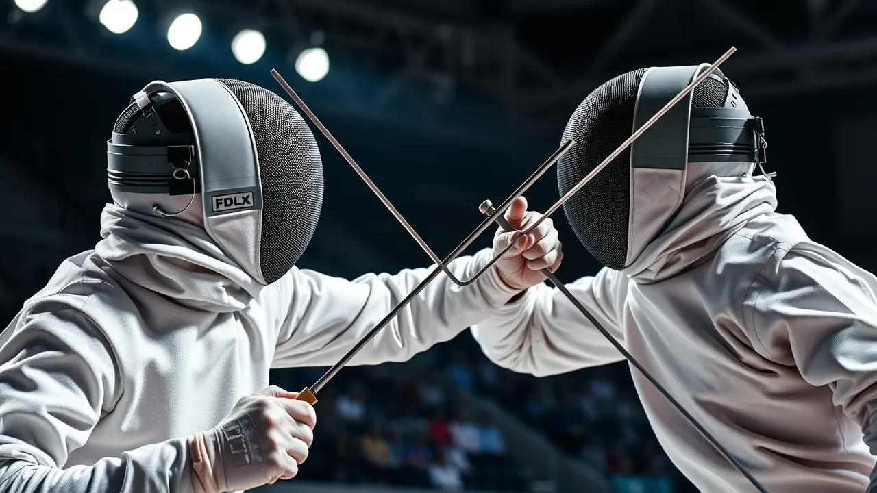 Dois esgrimistas competindo em um duelo intenso.