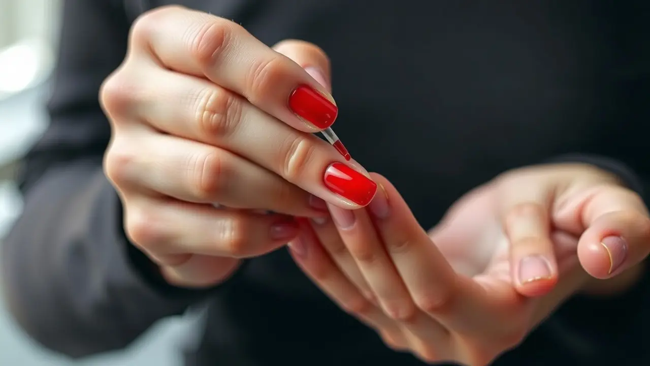 Sonhar com Esmalte: Descubra os Significados e Interpretações Mãos aplicando esmalte vermelho vibrante.