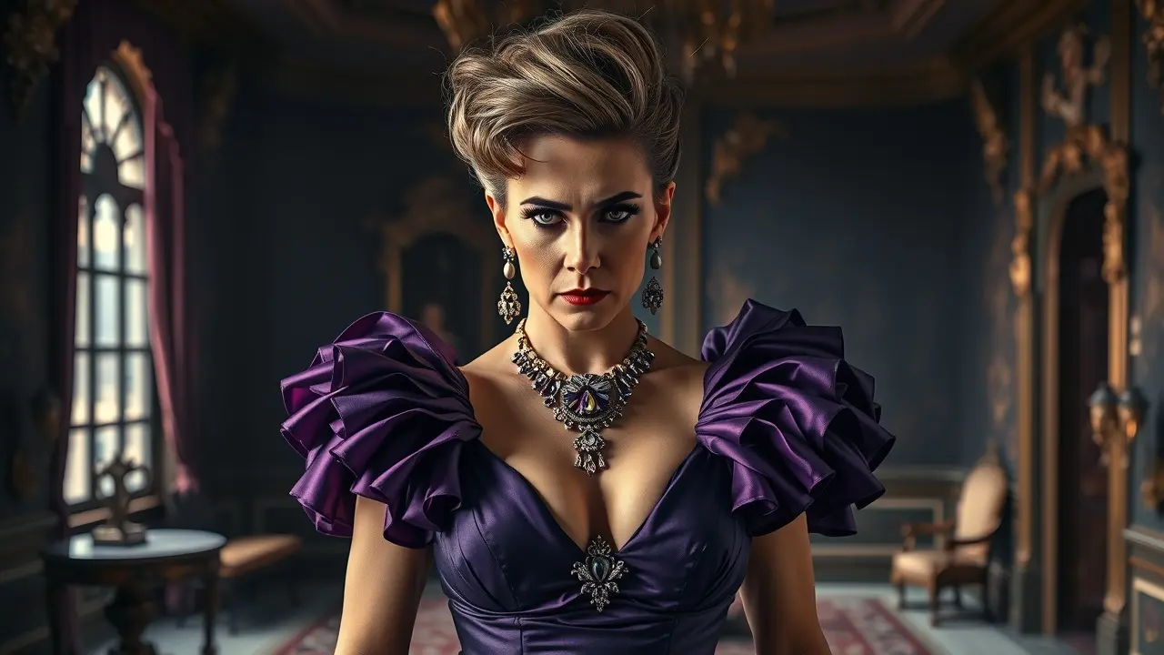 Mulher extravagante vestida de Esmé Squalor em mansão luxuosa