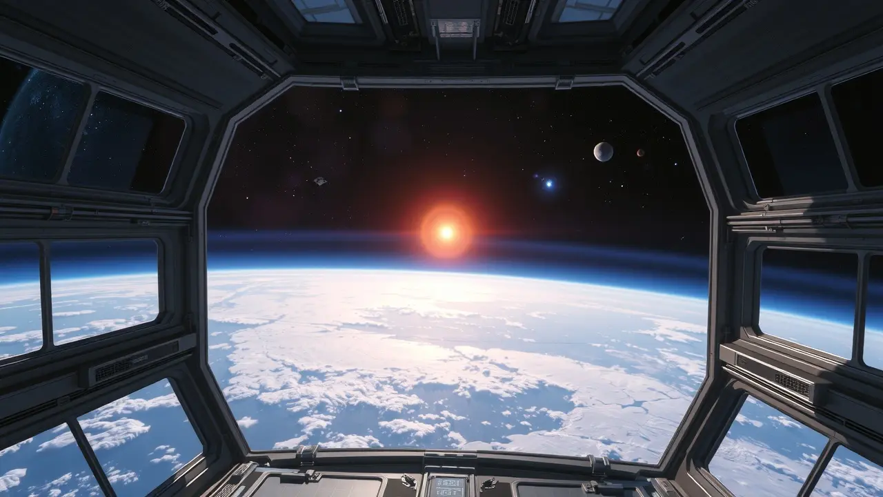 Visão da Terra de uma estação espacial futurística