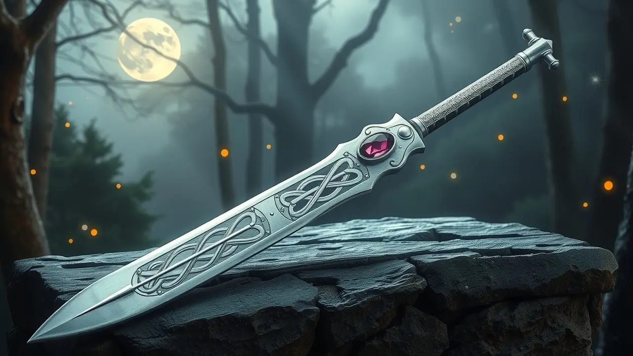 Sonhar com Espada: Descubra os Significados Ocultos Espada de prata em altar de pedra iluminada pela lua.