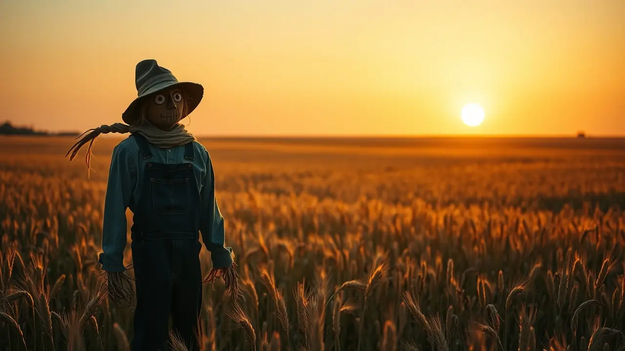 Sonhar com Espantalho: Descubra os Significados Ocultos Espantalho solitário em campo de trigo ao entardecer.