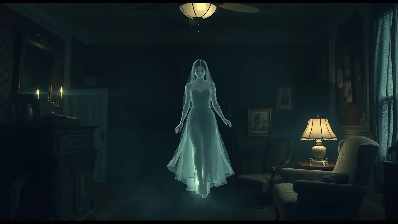 Mulher espectral em quarto antigo