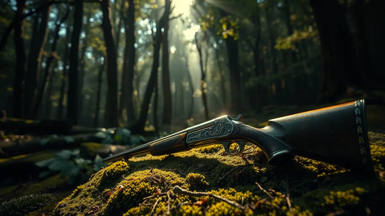 Espingarda antiga na floresta, sonho.
