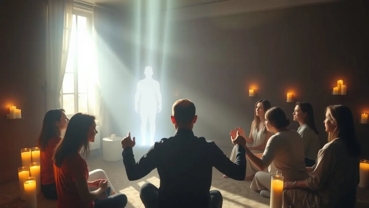 Pessoas em círculo meditando, atmosfera espiritual.