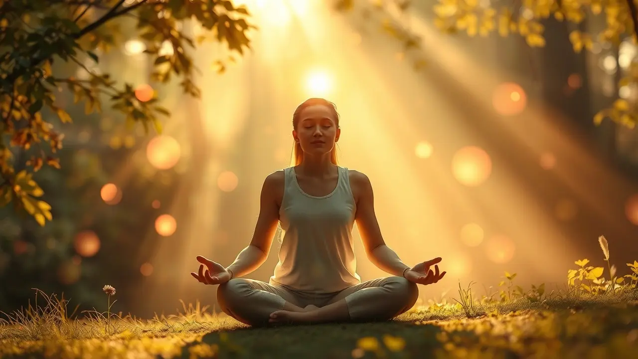 Pessoa meditando em ambiente natural, luz dourada, orbes brilhantes.