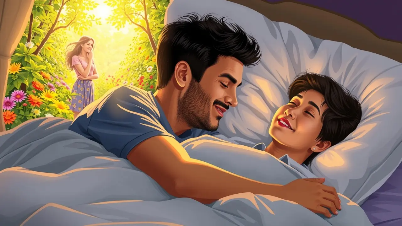 Homem sonhando com a esposa sorrindo