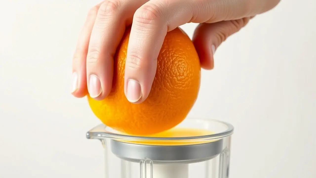 Mão espremendo laranja em espremedor clássico.