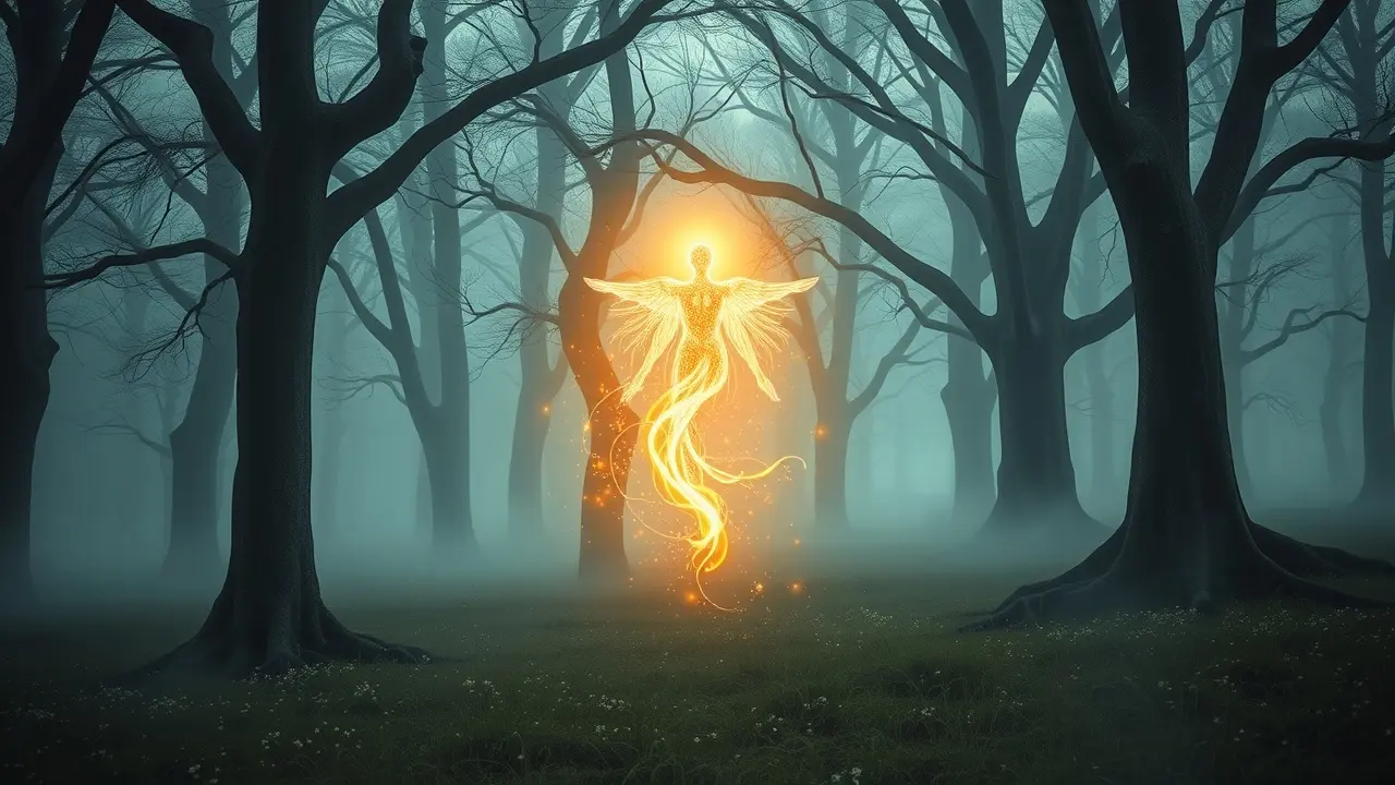 Espírito-guia luminoso em floresta estrelada