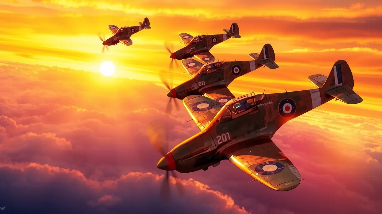 Esquadrilha de aviões em formação ao pôr do sol