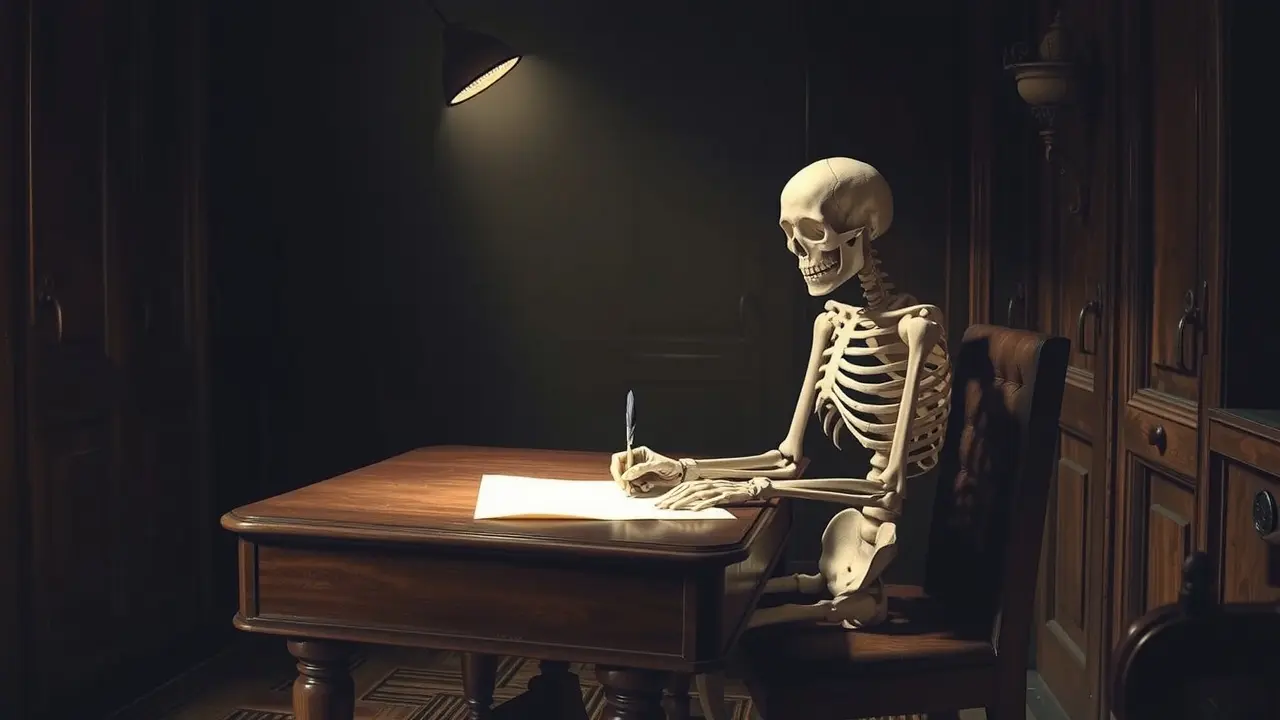 Sonhar com Esqueleto: Descubra o Significado Oculto Esqueleto escrevendo à noite em uma mesa antiga.