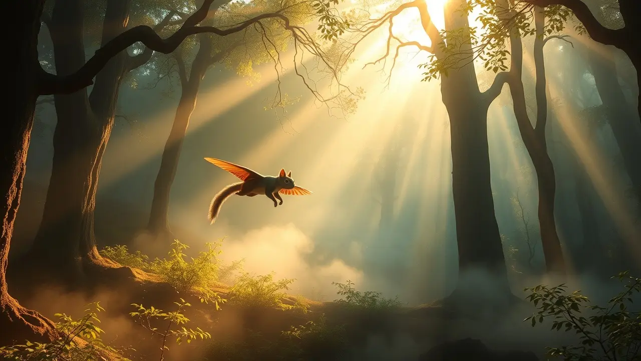 Esquilo-voador planando em floresta onírica.