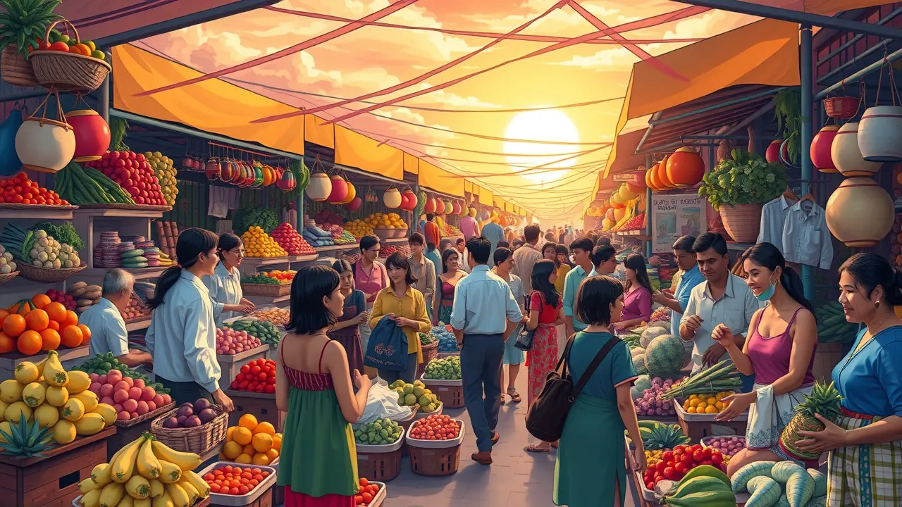 Mercado movimentado simbolizando oportunidades e interações sociais.