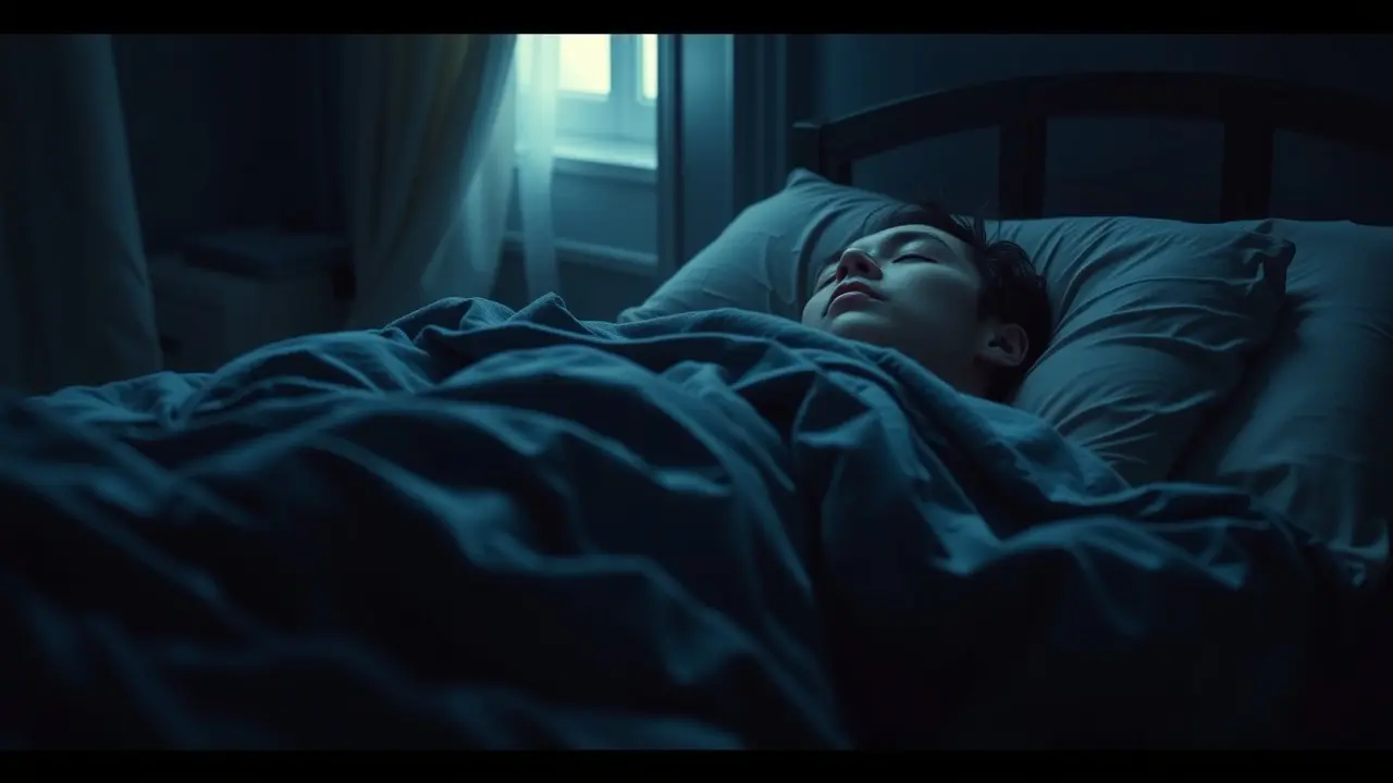 Pessoa exausta deitada na cama, buscando descanso.