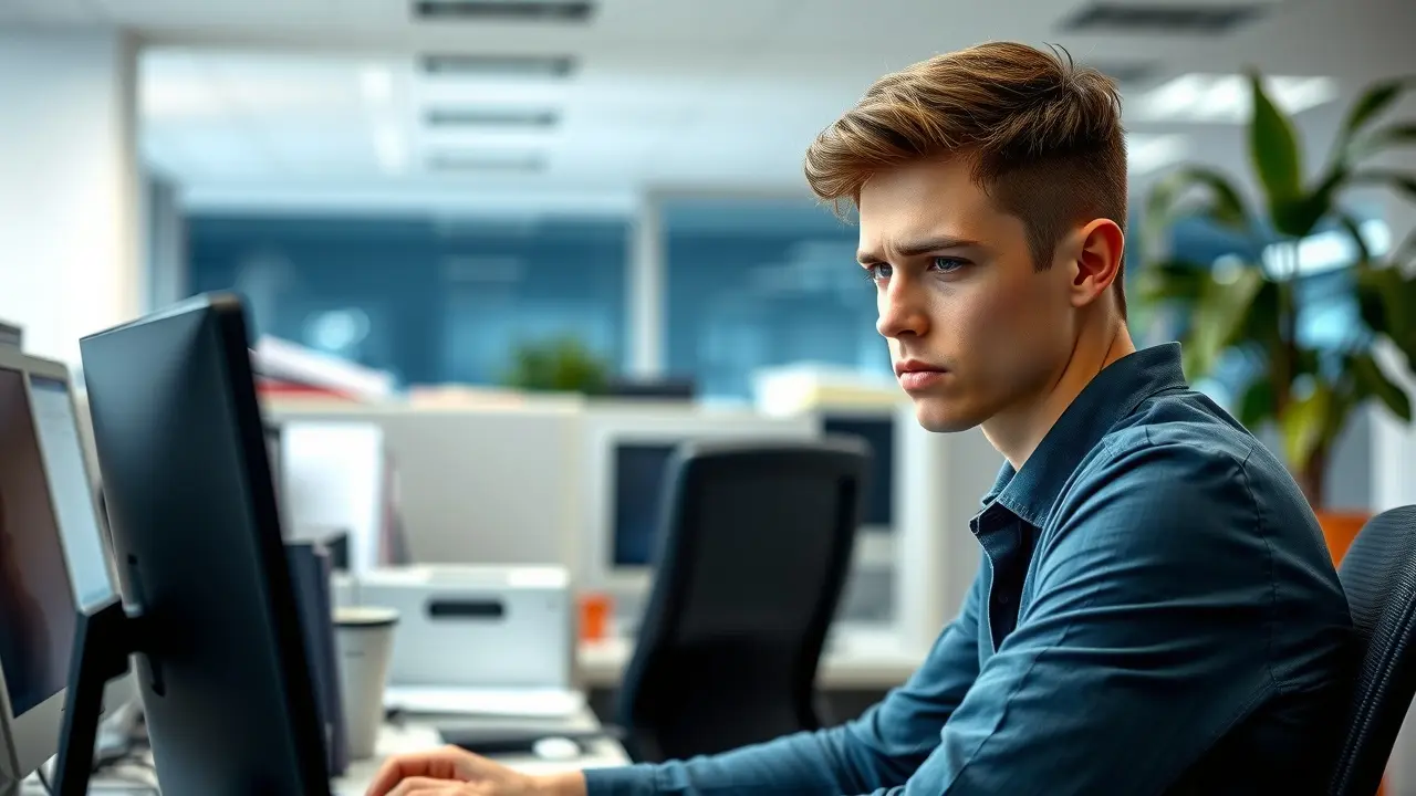 Jovem estagiário concentrado no trabalho
