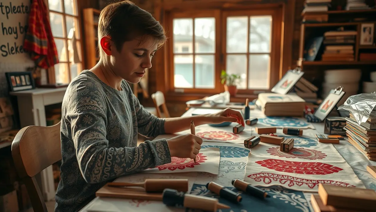 Sonhar com Estampagem: Descubra os Significados Ocultos! Pessoa criando estampas coloridas em tecido