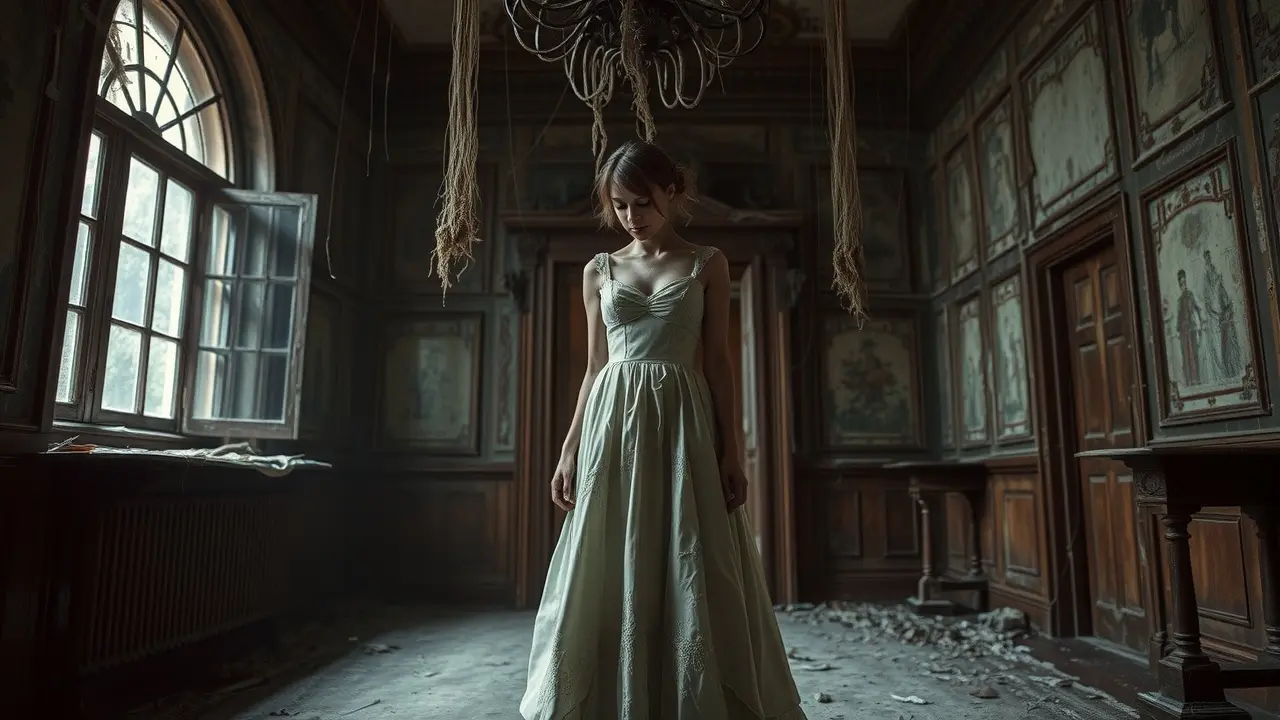 Mulher solitária vestida de noiva em mansão decadente.