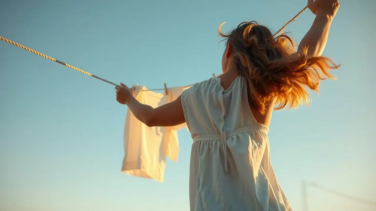 Sonhar com Estender: Descubra os Significados Ocultos Mulher estendendo roupas limpas em um varal ensolarado