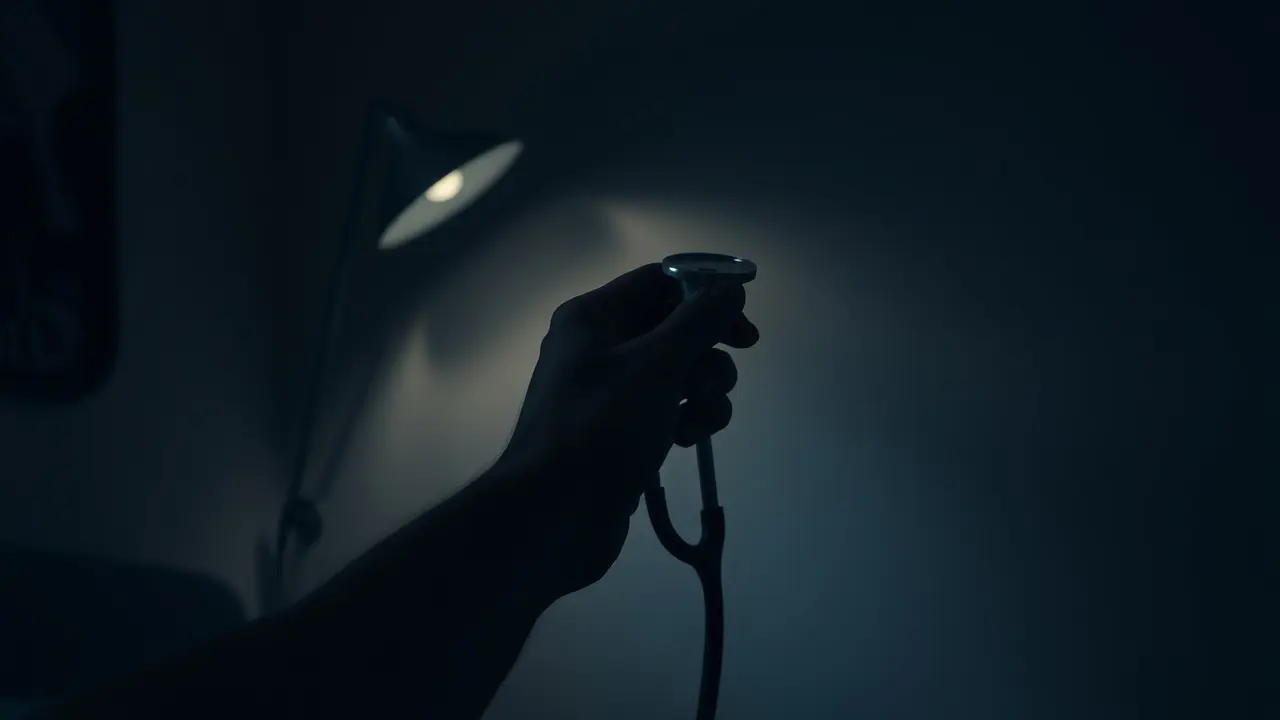 Sonhar com Estetoscópio: Descubra os Significados e Interpretações! Pessoa segurando estetoscópio na penumbra