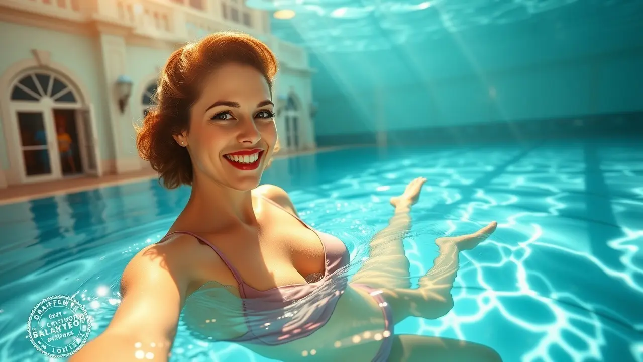 Mulher nadando em piscina cristalina, representando o sonho com Esther Williams.